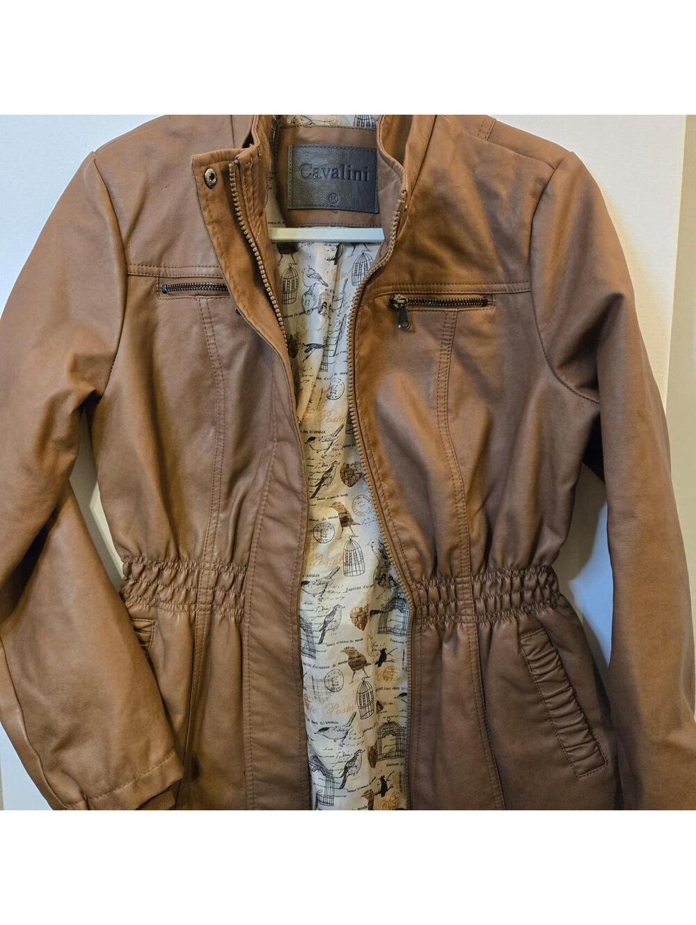 Cavalini brown jacket with unique bird and cage print liner.